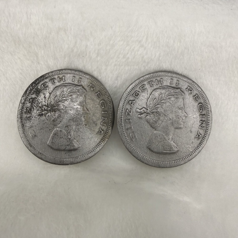 Vintage Estate Clip On Earrings Elizabeth II Regina Coin Silver Tone Round Large
